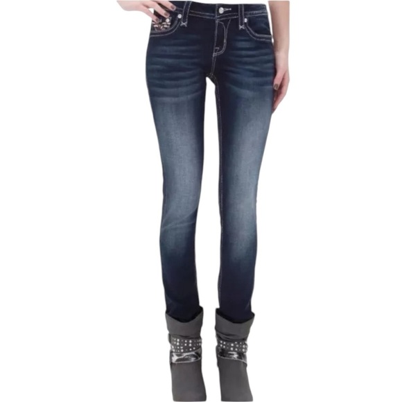 New Rock Revival Bling Jean Size 24 Mid Rise Skinny Stretch Nicci Dark Wash Read - Picture 6 of 14